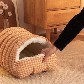 달리발리 체크 쿠션 애완동물 하우스 동굴형 포근한 뽀글이 양털 강아지 고양이 숨숨집 퀼팅 침낭, 체크쿠션하우스 오렌지