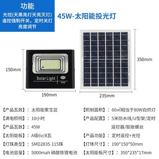 LED 太陽能燈戶外(IP66) 防雷擊 路燈、投光燈, 45W 115珠(遙控+光控+定時)