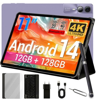 태블릿 PC 11인치 안드로이드14 시스템 12GB RAM 4K화면 12000mAh Wi-Fi 탑재 오락 교육 사무용 키보드/터치펜 포함, 128GB, 보라색