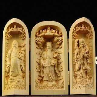 【熱銷新品】黃楊木雕刻家居擺件 中式擺件 隨身佛龕 佛像 觀音 菩薩 三清三開盒 清水祖師 三寶如來 木雕佛像, 福祿壽