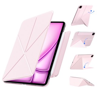 AITEWO 아이패드 케이스 삼각형거치모드 네 가지 각도조절 마그네틱 펜슬수납 미니 에어4/5/6/7 프로7/6/5/4/3/2세대 10.9/11/12.9/13인친 M2 M3 M4, 핑크