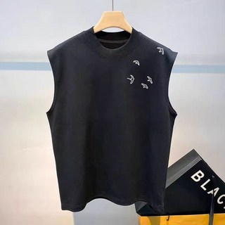 夏季2025新款小衆設計感印花時尚百搭無袖坎肩背心男女同款潮T恤, 白色,2XL