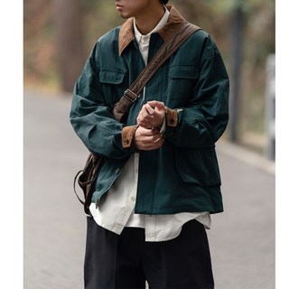 Goofing-off 春季美式深綠色復古獵裝夾克 多口袋翻領耐磨機能外套
