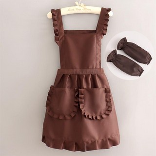 工裝圍裙女工作上班防水耐磨美甲店廚房家用做飯可愛韓版圍腰短款, 1個, 66工裝背帶花邊裙擺純咖色+套袖