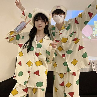 [1+1할인 / 커플세트할인] 짱구패턴 긴팔 커플파자마세트 (귀여운 여성 남성 잠옷 파티 신혼부부 이사 집들이 결혼 부드러운 신축성 투피스 )