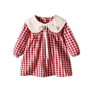 萱寶媽咪baby童裝館 現貨韓版女童彩色圓點格子娃娃領長袖連身裙，兒童春秋薄款洋裝，女寶可愛外出服