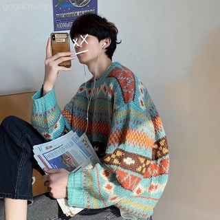 2024民族風圓領毛衣男秋冬寬鬆潮流韓版情侶針織衫潮牌百搭毛線衣