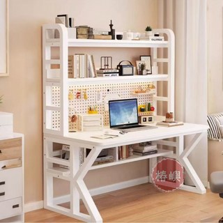 【椿嶼】洞洞闆書桌書架一體桌學生電腦桌家用學習桌子簡約臥室奶油風書桌, 【30mm】黑架+原木色（洞洞板+桌下書,80x60x174cm