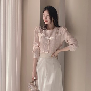 떳다그녀 앤스롤 뷔스티에 레이어드 일체형 오간자 라운드넥 봄 가을 간절기 블라우스