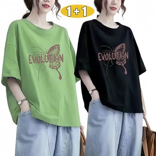 WEIHAN 1+1 중년 여자용 반팔 티셔츠 캐주얼 프린트 기본 면티 데일리룩 이너티