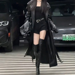 韓版復古寬鬆中長款皮質風衣外套
