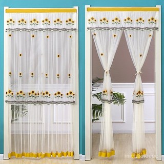 四季免打孔防蚊門簾雙層透氣蕾絲紗門簾靜音臥室書房隱私隔斷紗簾, 雙紗鳳凰綠,90寬*190高cm