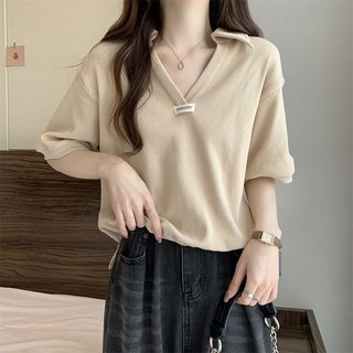 VVRR 여성 브이넥 스트링 반팔 니트 카라티셔츠 캐주얼 데일리 루즈핏 편한 티셔츠 A0051422