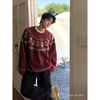 LVGG 費爾島紅色毛衣 男 冬季 慵懶風 高級感 聖誕穿搭 軟糯圓領針織衫