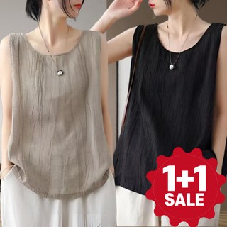 Unique 1+1 여성 오버핏 린넨 나시 티 여름 시원한 면 마 민소매 중년 엄마옷 빅사이즈