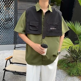 工裝襯衫夏季短袖痞帥日系潮牌設計感小衆拼接寬鬆休閒襯衣