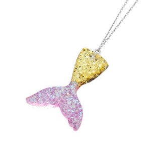 兒童美人魚尾巴項鍊 炫麗漸變色不鏽鋼樹脂魚尾項鍊 女童生日禮物 萬聖節造型裝飾品