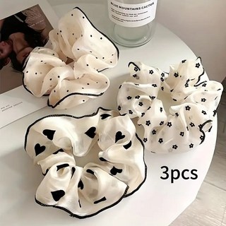 3pcs 소녀의 Scrunchies 스타일 대형 Organza 도트와 하트 꽃 헤어 넥타이 탄성 쉬폰 포니 테일 홀더 여성