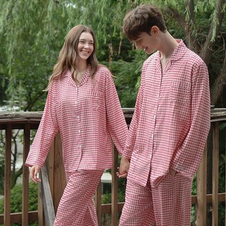 주디앤 러스틱레드 체크 요루 커플잠옷 여성 남성 긴팔 파자마 세트 홈웨어