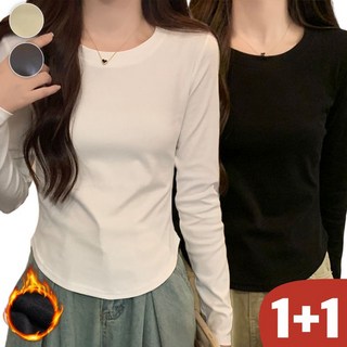 (세일 추천) 1+1 여성 기모 라운드넥 허리조임 날씬해보이는 이너 긴팔 티셔츠 가을 겨울 편한 도톰 보온 간절기 에센셜 코디 따뜻한 심플 캐주얼 기본티 뽀글이 상의 세트 티