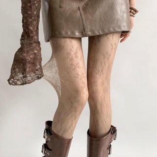 蕾絲花瓣網眼鏤空連褲襪春秋薄款洛麗塔絲襪配長筒靴復古咖啡色