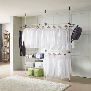 원형봉 옷걸이 철제스탠드 3단구조 드레스룸용 25파이 철제봉 옷정리 선반식행거 3단조립형 드레스룸 의류정리 스틸봉행거 선반형구조 옷걸이대 3단스탠드비브랜드