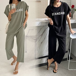 오브치치 루즈핏 롤업 캡소매 부츠컷 8부 바지 세트 스탠다드 여름 여성 상하세트