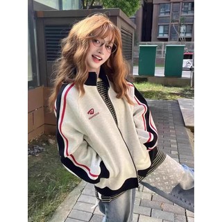 國潮牌撞色小眾學院風開衫衛衣女秋冬加絨加厚寬鬆情侶棒球服外套