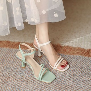 涼鞋女2025年春夏新款百搭時尚晚晚風淑女法式小衆細跟高跟配裙子, 淺綠色,38