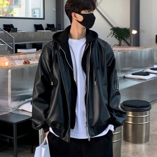 韓版寬鬆連帽皮衣外套 皮衣 皮外套 皮革外套 連帽外套 連帽皮外套 假兩件外套 夾克外套 男生皮衣 大尺碼外套 防風外套