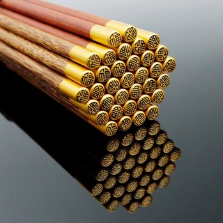 純天然雞翅木筷子環保餐具，中式耐熱防滑抗菌防黴實木筷子，豪華高端質感, 1個, 紅檀木圓頂福筷5雙裝