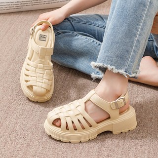 編織鏤空包頭羅馬涼鞋女 軟底外穿涼拖鞋 -, 粉色【明星衕款】,38-39