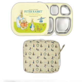피터래빗 밀폐형 기능성 안전 이중 스텐 식판 도시락 + 주머니 세트, 아이보리, 식판 + 밑판 + 뚜껑 + 주머니, 1세트