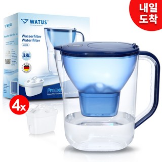 WATUS 물 필터 주전자 3.8L (독일산 필터 카트리지 4개 포함) -브리타 정수 필터에 적합 BRITA Maxtra+ Plus Maxtra Pro 정수 필터와 호환 가능, Watus_Juna3.8L_4x
