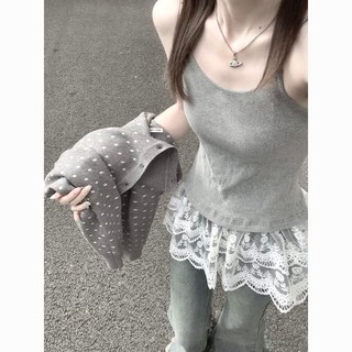韓系少女感穿搭一整套女秋裝新款灰色波點針織開衫蕾絲吊帶兩件套