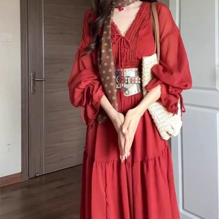 긴팔 레이스 롱 드레스 브이넥 보헤미안 여행용 무드 여성 가을 원피스 스타일