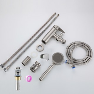 淼瀅精品衛浴 正SUS304不銹鋼冷熱混合水龍頭, 1個, B3008臉盆單孔冷熱直嘴龍頭帶沐浴功能