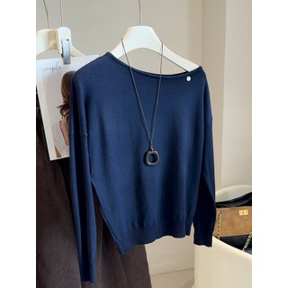 【送項鍊顯瘦】一字肩上衣 針織衫 韓版上衣 秋裝 女裝 純色寬鬆 長袖休閒 百搭減齡 約會通勤必備