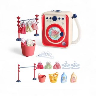 兒童角色扮演洗衣機玩具套裝，迷你洗衣機，晾衣架，安全無毒材質，激發想像力, 紅色, 1個