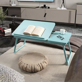 淘氣寶貝 多功能折疊調節桌 床上筆記本電腦桌 可傾斜桌面附杯托 學習辦公桌 55x32x25cm, 天藍色