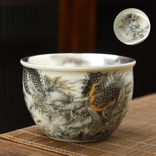 嘉義出貨 鎏金鎏銀墨龍主人杯高檔缸杯個人杯大師手工製作品茗杯白瓷茶杯 品茗杯 鎏金鎏銀茶杯 青龍杯 龍鳳茶杯 泡茶杯龍, 墨龍缸杯鎏銀120cc, 1個
