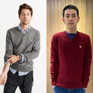 Abercrombie & Fitch V領針織衫 羊毛麋鹿LOGO 灰色/紅色/墨綠 H401
