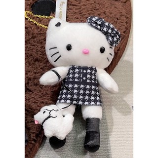Hello Kitty 爆款長腿系列 貴婦黑皮Kitty(黑/棕/珍珠/愛心釦/日本限定 ), 大千鳥格大小姐（19cm)