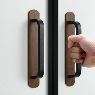 木質紋理免打孔門把手，適用於推拉門、櫥櫃門、玻璃門窗，附多種尺寸選擇, 1個, 桃木底板+黑色把手,小號 送免釘膠