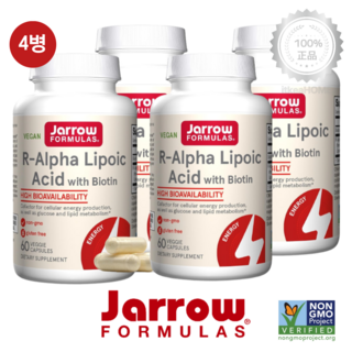 [4병] 자로우 안정화 R 알파 리포산 60캡슐 비오틴 함유 자유라디칼 R-ALA 보충제, 4개, 60정
