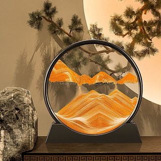 DFMEI 創新3D流沙畫解壓藝術沙漏擺件客廳桌面辦公室山水畫工藝男女禮品, 7寸黑框沙漠黃