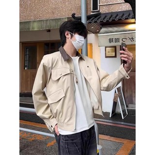 韓版復古夾克，高級墊肩PU皮翻領拼色設計，百搭小眾工裝外套