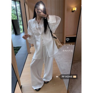 春季慵懶風女裝寬鬆休閒襯衫高腰亞麻闊腿褲套裝