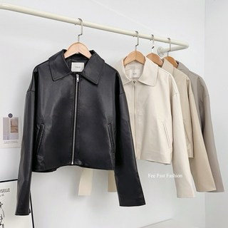 Mint 翻領拉鍊短版皮外套 簡約皮革夾克 多色可選 秋季日常穿搭