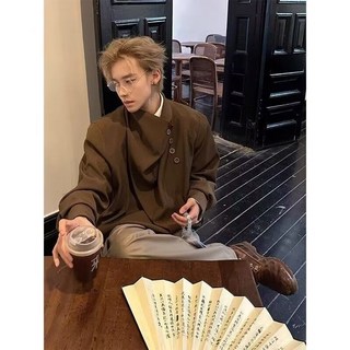 新中式襯衫男夏季薄款國風寬鬆立領休閒上衣